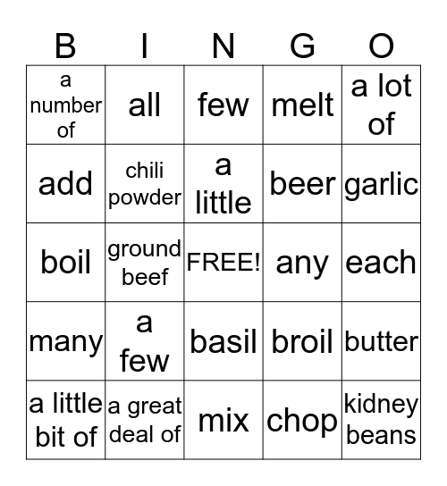 Cooking Terms, Ingredients & Quantifiers Bingo Card