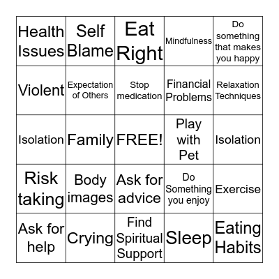 Coping Skills Bingo Card