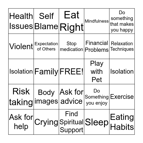 Coping Skills Bingo Card