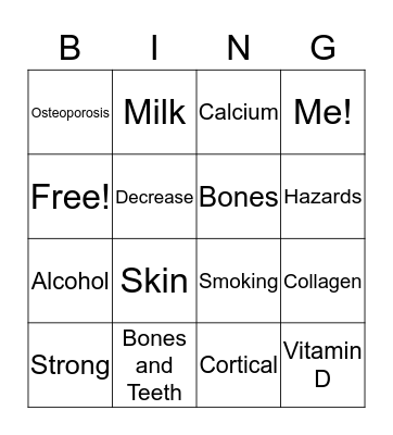 Bone Health Bingo Card