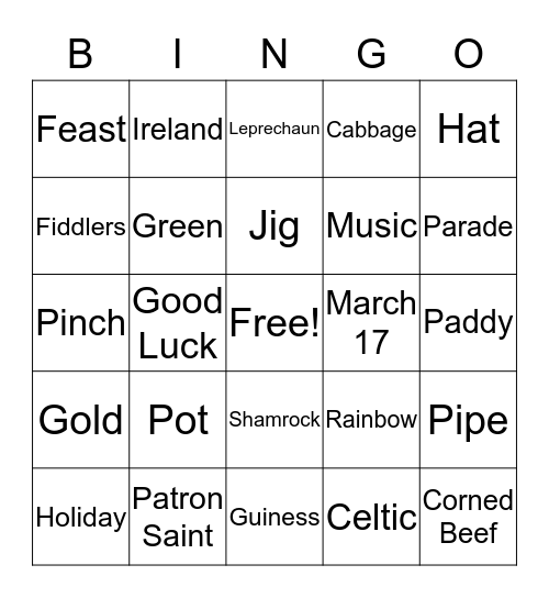 St. Patrick's Day Bingo Card