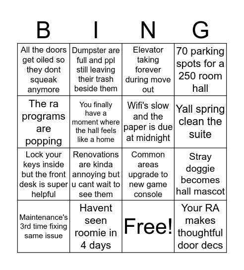 UNT Residence Hall Bingo Card