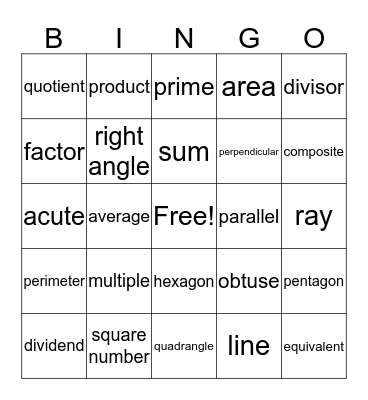 Math Terms Bingo Card