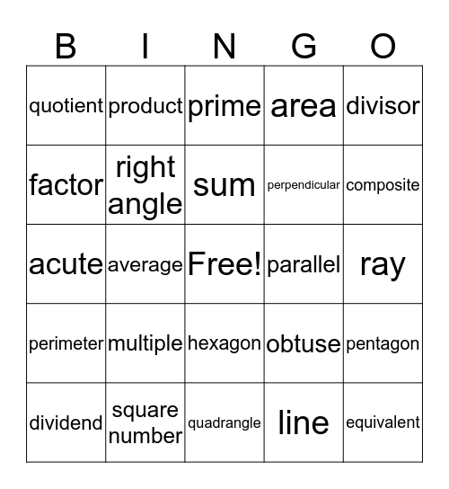 Math Terms Bingo Card