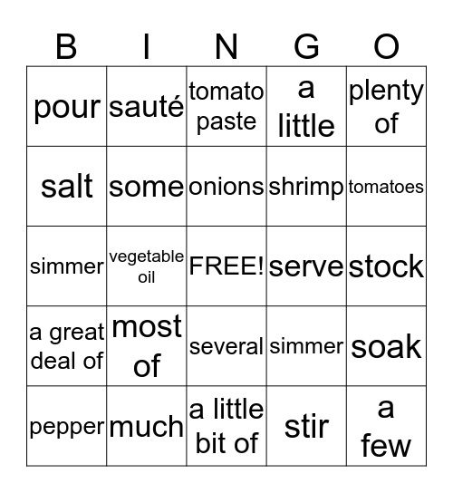 Cooking Terms, Ingredients & Quantifiers Bingo Card