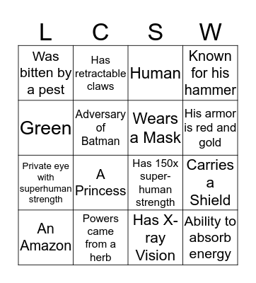 Superhero Bingo Card