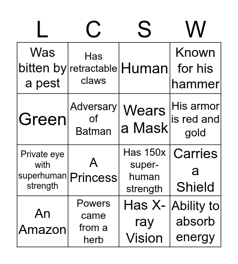 Superhero Bingo Card