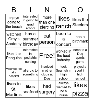 NCF Bingo Card
