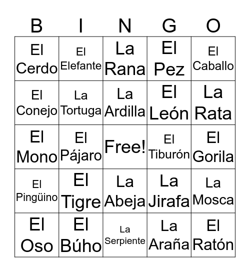 Los Animales Bingo Card
