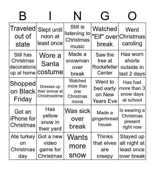 CHRISTMAS BREAK CATCH-UP Bingo Card