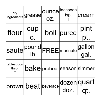 Menu/Recipe Vocabulary Bingo Card