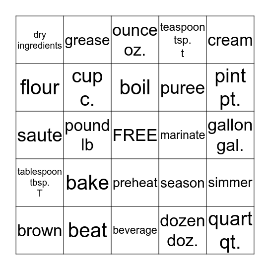 Menu/Recipe Vocabulary Bingo Card