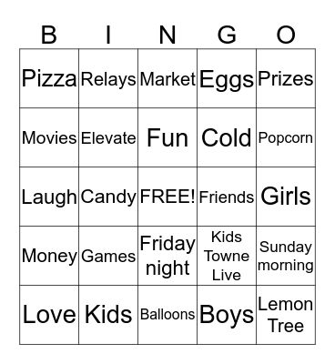 Kids Night Out Bingo Card