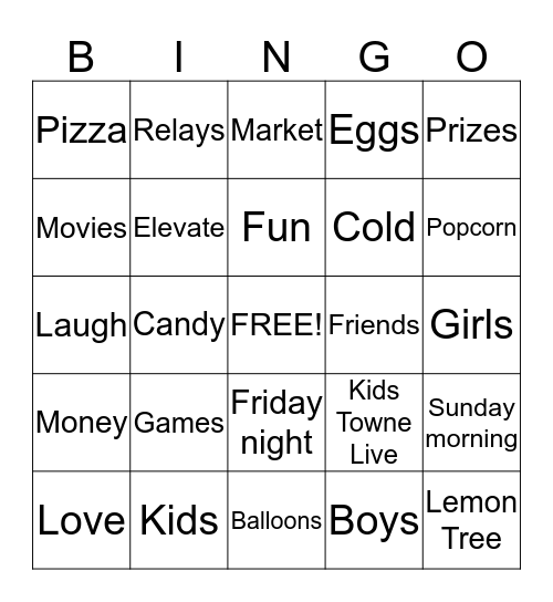 Kids Night Out Bingo Card