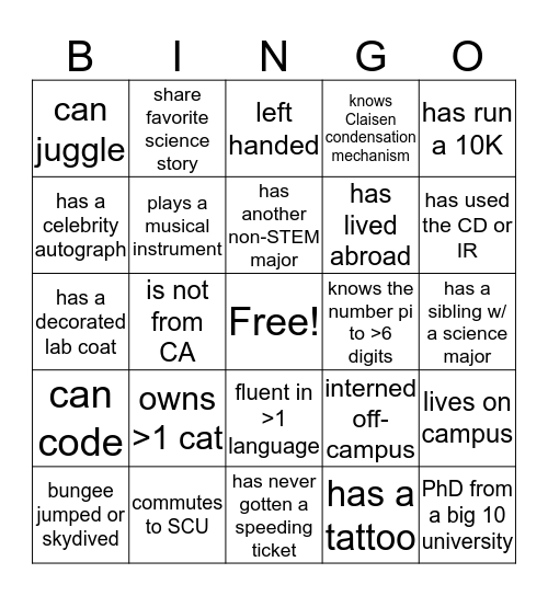 Bronco (bio)Chemistry Bingo Card