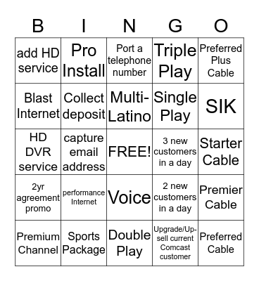 Xfinity Sales Bingo Card