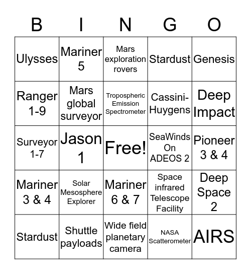 JPL Missions  Bingo Card