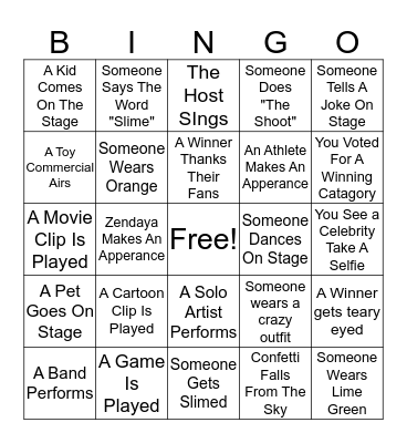 Kids Choice Awards 2019 Bingo Card