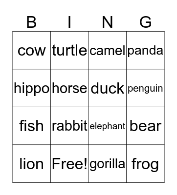 Animal Bingo Card