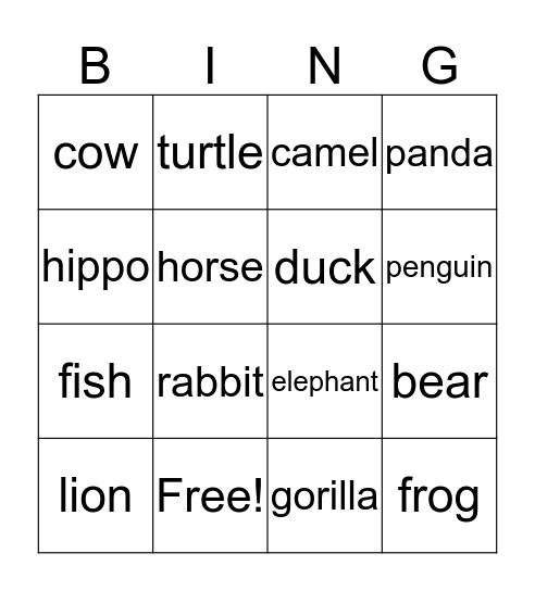 Animal Bingo Card
