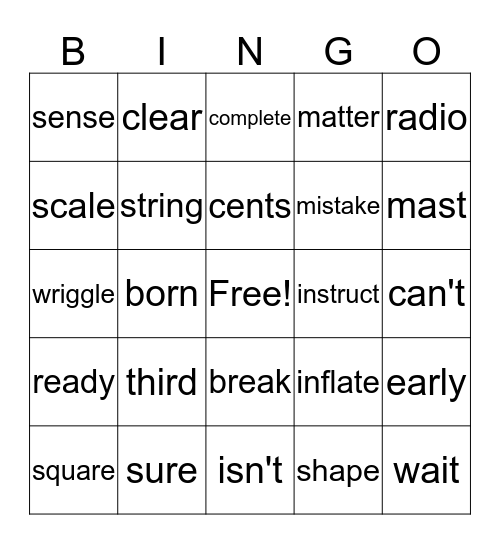 Word Bingo  Bingo Card