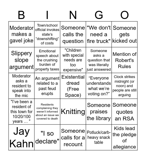 Town Meeting 2K19 Bingo Card