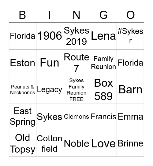 Sykes Family Reunion 2019 Bingo Card