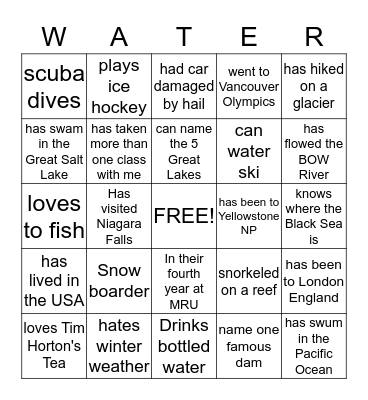 GEOLOGY 2157 WELCOME TO WATER! Bingo Card