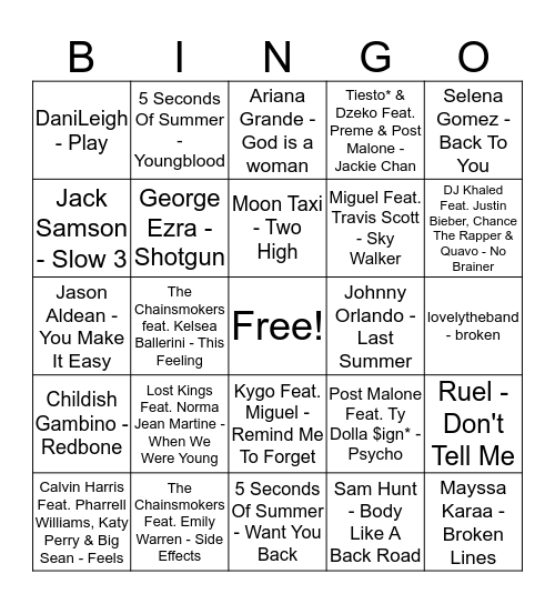 Guess the Song Bingo Card