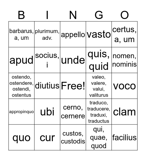 Latin Bingo Card