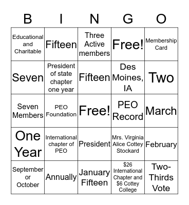 PEO Bingo Card