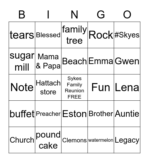 Sykes Family Reunion 2019 Bingo Card