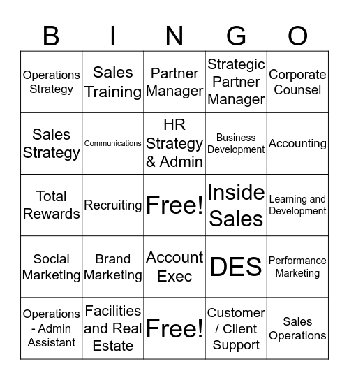 Job Families Bingo Card