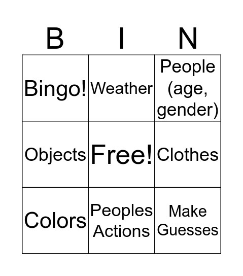 PET Speaking Bingo Card