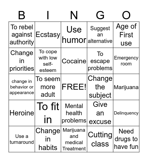 Drug Bingo  Bingo Card