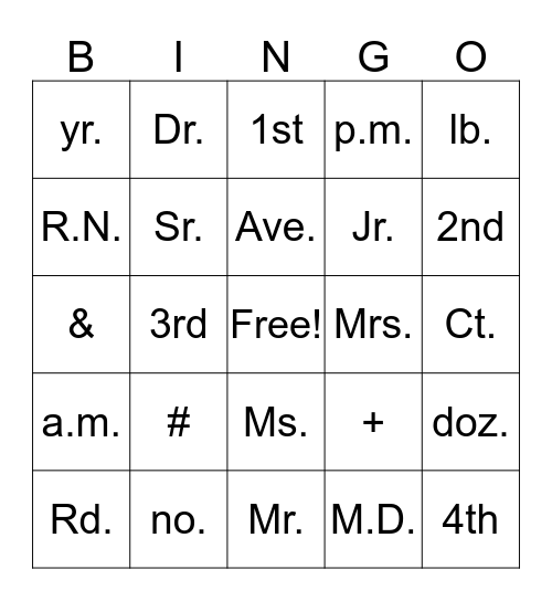 Abbreviations Bingo Card