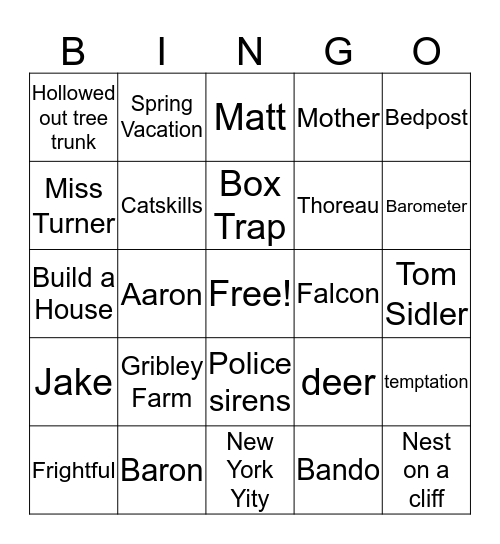 My Side of the Mountain Bingo Card