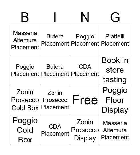 Zonin Bingo Card