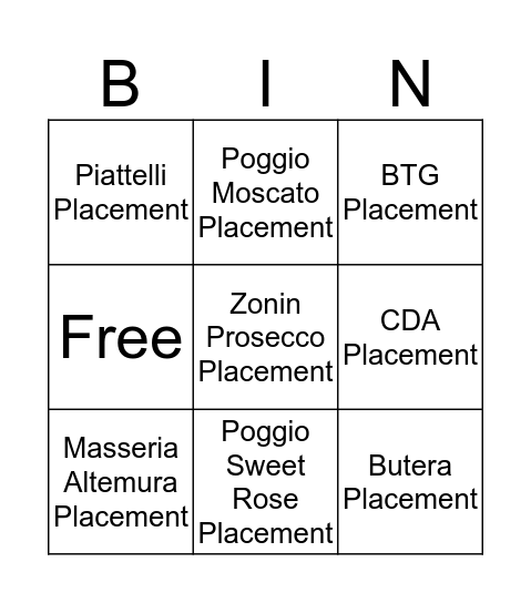 Zonin Bingo Card