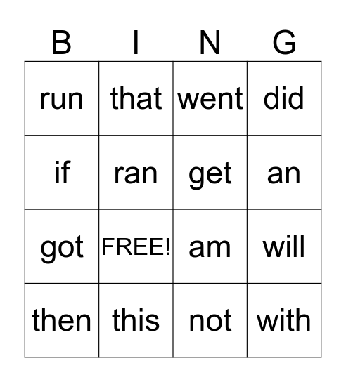 Sight Word Bingo Card