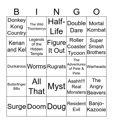 90s Nickelodeon, Video Games and Snacks Bingo Card