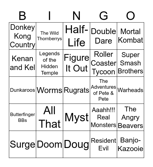 90s Nickelodeon, Video Games and Snacks Bingo Card