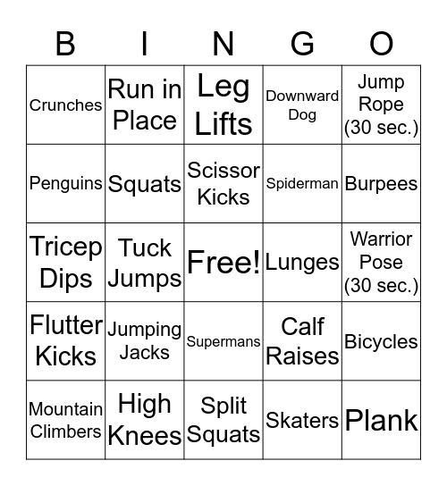 Fitness Bingo Card