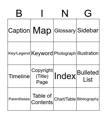 Text Features Bingo Card