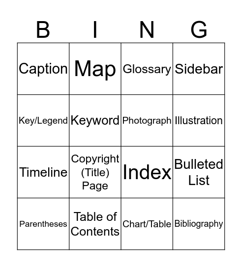 Text Features Bingo Card