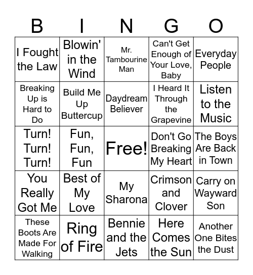 Hits of the 60's and 70's Bingo Card
