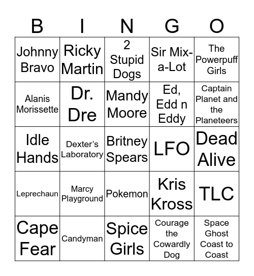 90s Music, Horror Movies and Cartoon Network Bingo Card