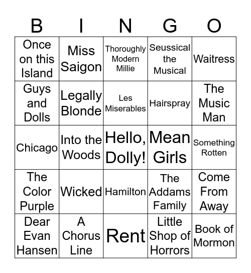 Broadway Musicals Bingo Card