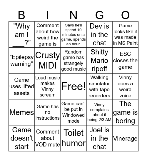Vinesauce Sunday Stream Bingo Card