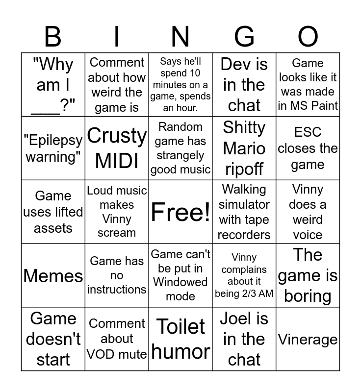 Vinesauce Sunday Stream Bingo Card